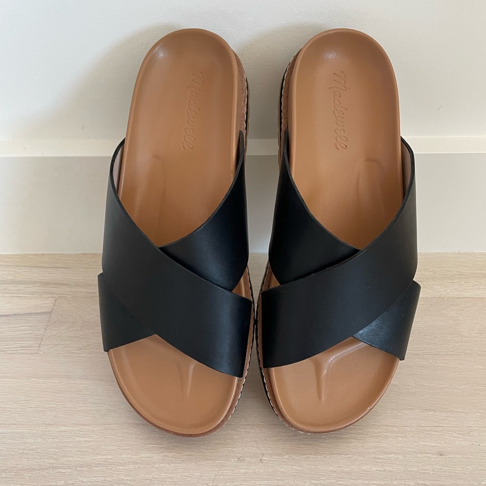 Madewell Black and Tan Crisscross Slide Sandals